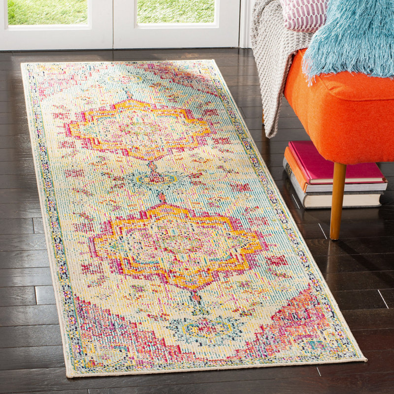 Tapis oriental bleu clair / fuchsia Gonzalez, Tapis de couloir 2 pi 2 po x 5 pi