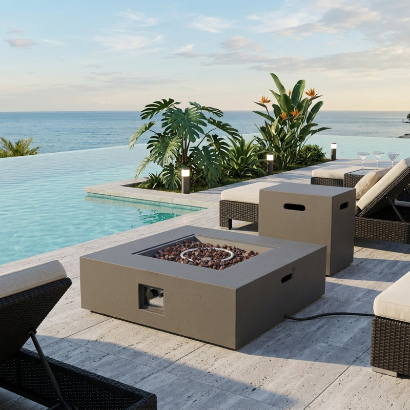 Modern 39.25" Square Concrete Propane Fire Pit Table With Tank Holder - 50,000 Btu - Dark Grey