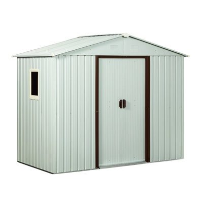 8Ft X 4Ft Metal Outdoor Shed In White - Robust Galvanized Frame, Weather- Punched Vents, Sliding Doors With Lock, Straightforward Assembly Directions Storage House Iron Construction, Air Doors,