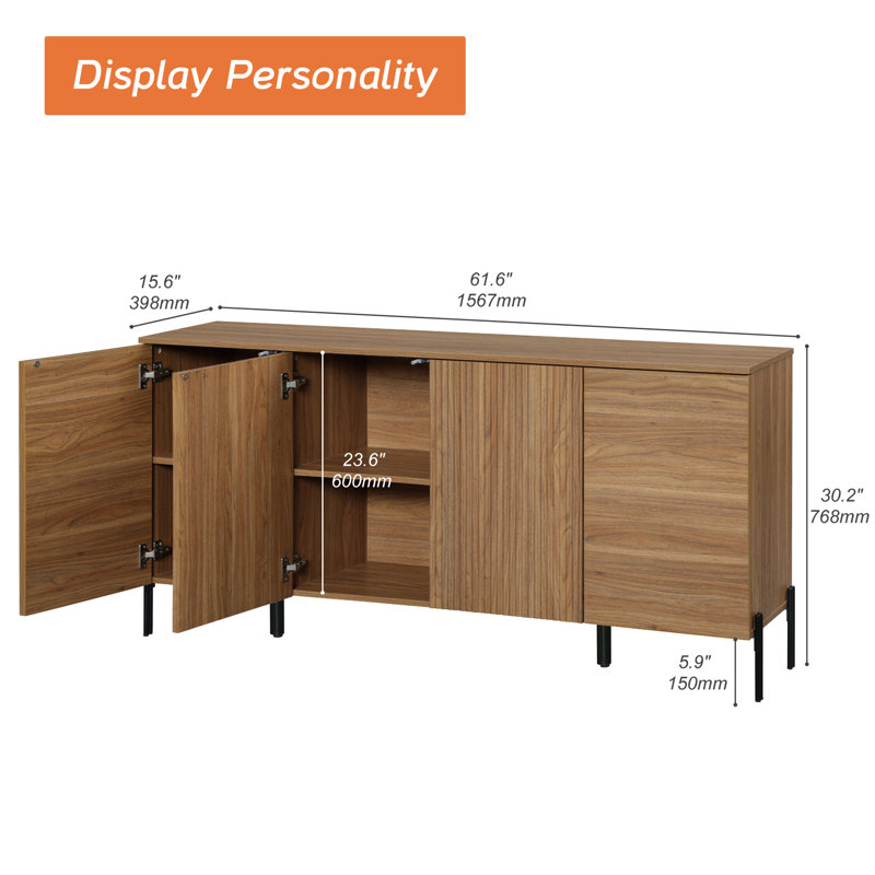 61.6"Wide Wood File Cabinet With Shelves, Minimalist Reeded Design, Modern Farmhouse Office Storage Cabinet For Study Room, Living Room