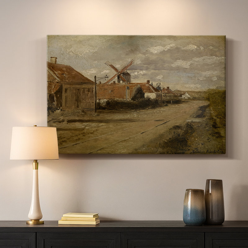 Village Street avec un moulin à vent-Henri de Braekeleer-Toile tendue avec châssis-c. Fin du 19e siècle, 24 po x 36 po