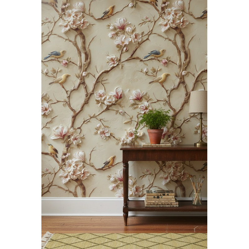 Papier peint floral branches d'oiseaux