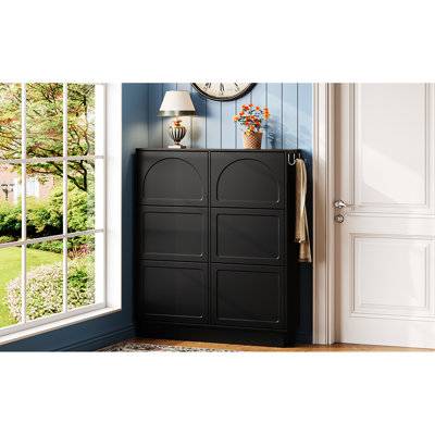 Modern Narrow Black Shoe Cabinet, 6 Flip Drawers, Adjustable Shelf, 3 Hooks, Space Saving Elegant Design For Entryway Storage Build, Cream Style, Organization