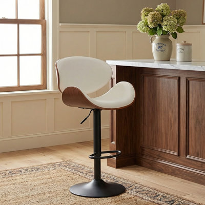 Modern Upholstered Swivel 24”H Barstool, Adjustable Height Counter Stool with Bentwood, Faux Leather Upholstered Bar Stool with Metal Frame by George Oliver