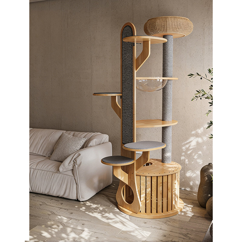Tour à chat multi-niveaux en bois d'hévéa avec poteau à griffer en papier kraft