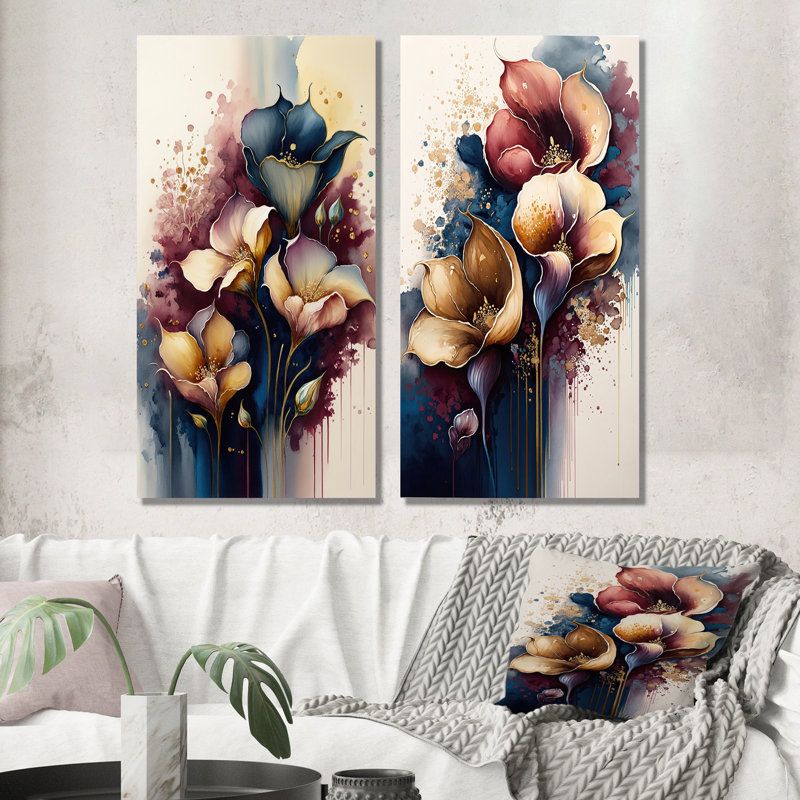 «Bouquet de lys bleu et bourgogne Cally I», 2 pièces sur toile, Toile tendue, H 40 po x l 40 po