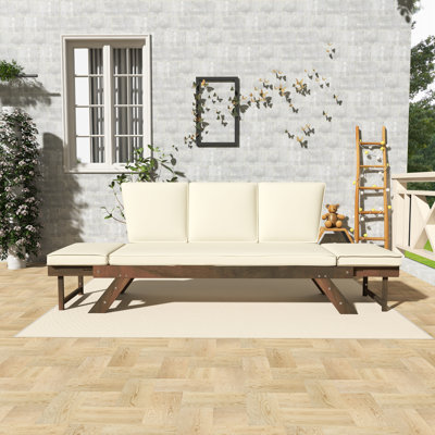 Outdoor Patio Wooden Daybed Sofa Chaise Lounge With Beige Cushions