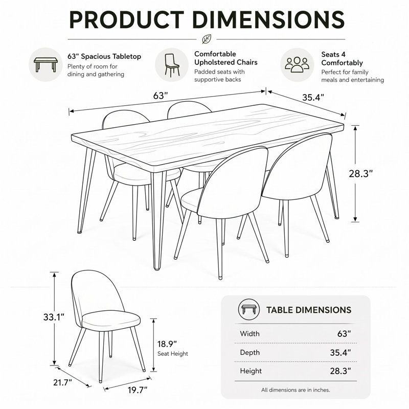 Hozel 5-Piece 63" Rectangular Dining Table Set with Upholstered Chairs and Metal Frame, Beige/Brown, White