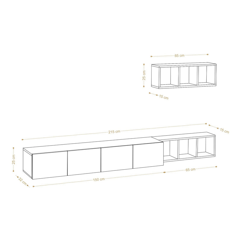Meuble télé moderne avec de nombreuses tablettes, blanc et chêne, 84,6 po x 9,8 po x 12,6 po | 100% panneau de particules enduit de mélamine, épaisseur: 0,7 pouce | Design scandinave élégant pour l'organisation du salon