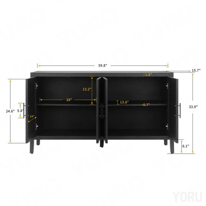 Armoire d'appoint 60 ", 4 portes, buffet de ferme / console pour la cuisine - Noir antique, Black