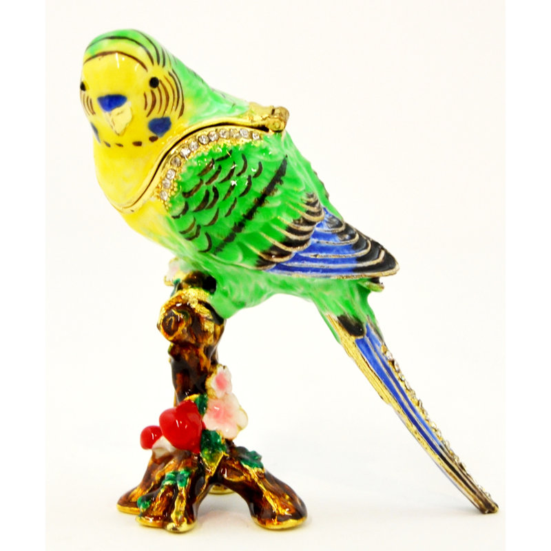 Parakeet On Branch Trinket Box. Hand Set Austrian Crystals