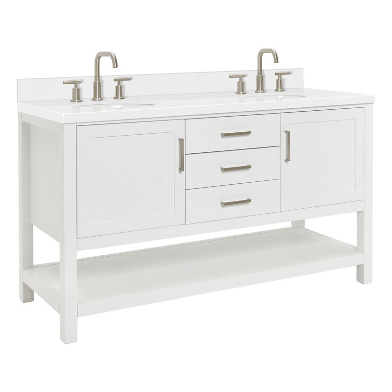 Meuble-lavabo double autoportant 60 po avec plateau en quartz Abby, Blanc