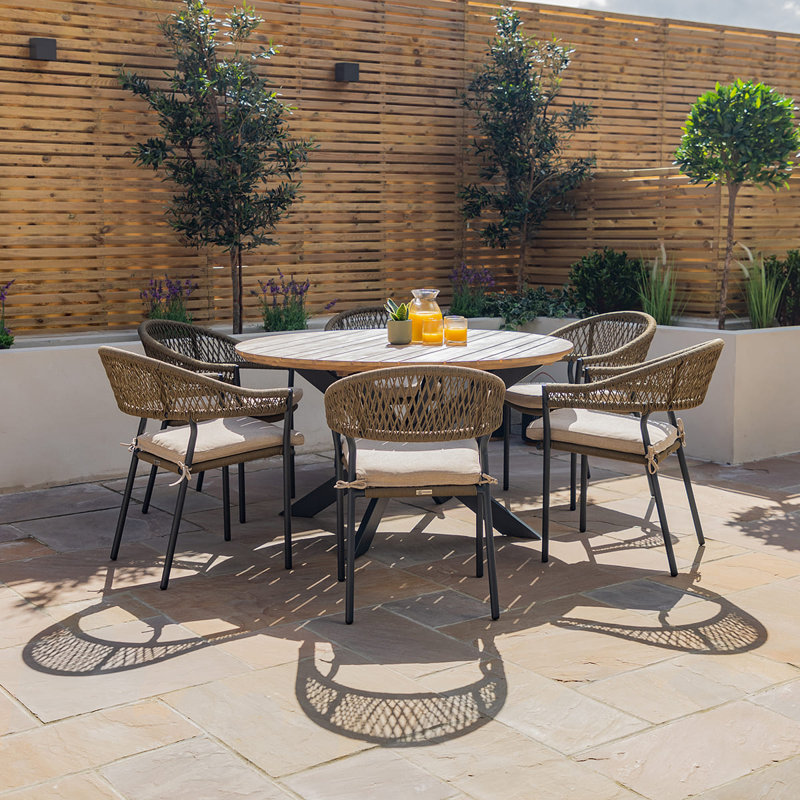 Adero Rope Weave 6 Seat Round Fixed Dining Set / Sandstone