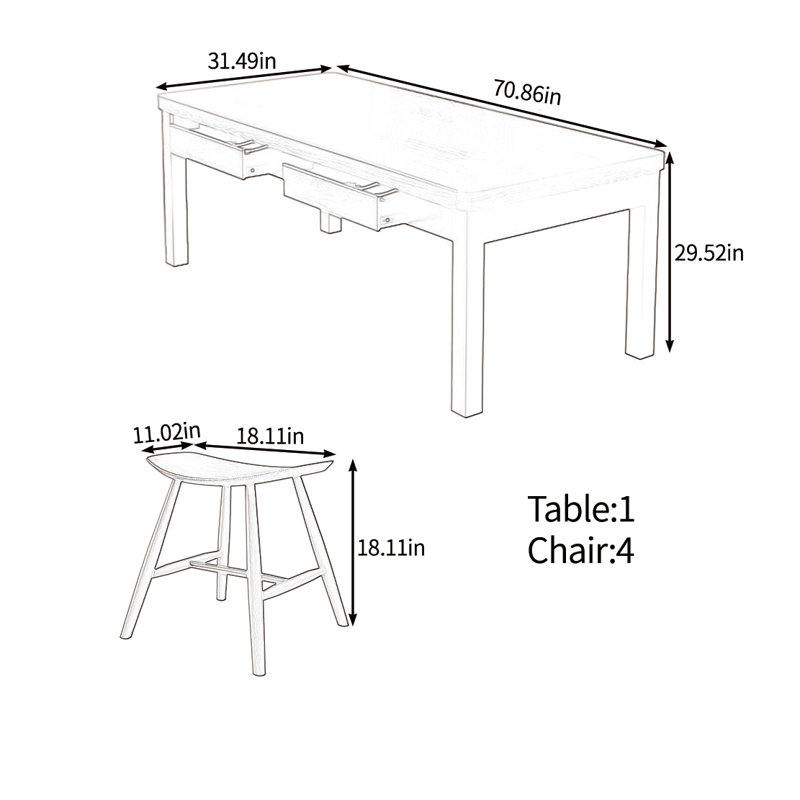 Ensemble de tables multifonctionnelles en bois massif, H 29,52 po x L 70,86 po x l 31,49 po