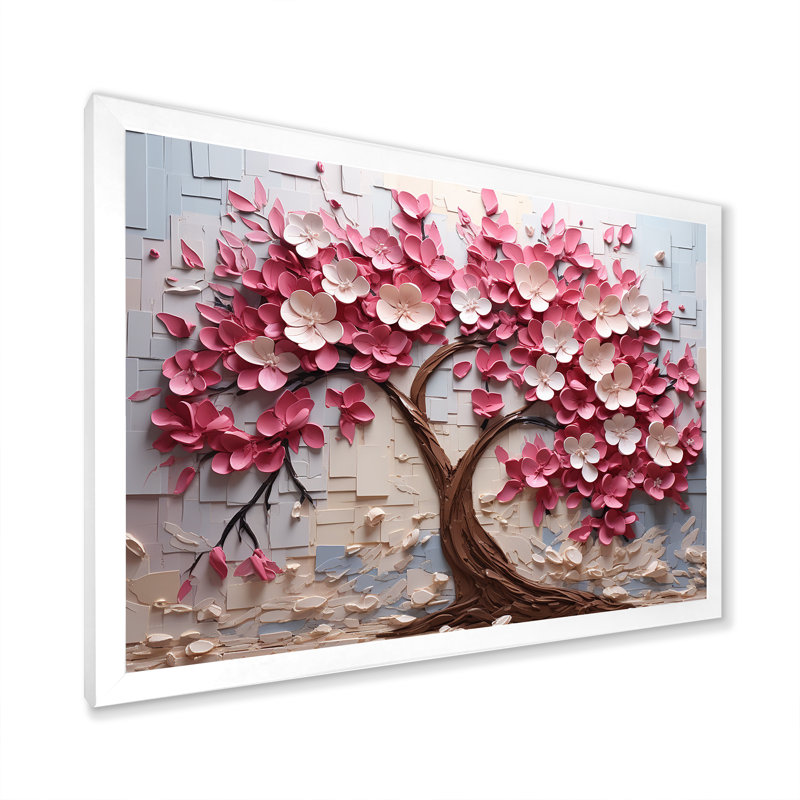 Orchidée rose et blanche, branches II - art mural arbre, Cadre de coin blanc fermé, H 12 po x l 20 po x P 1 po