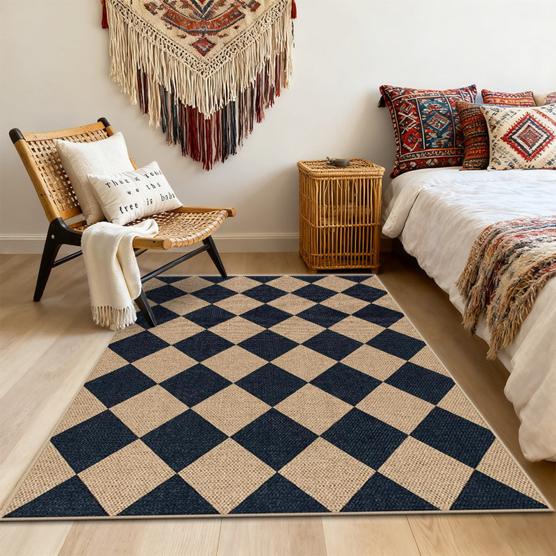 Checkered Jute Rug Machine Washable Checkered Pattern Rug Minimalist and Stylish Perfect for Bedrooms, Living Rooms, and Hallways