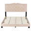 Grand lit beige tapissier, plateforme moderne en velours avec tête de lit et ornement en forme de rivet, fiable et sans sommier