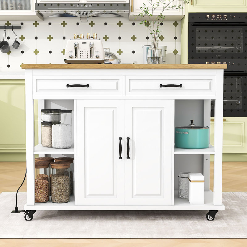 Extendable Kitchen Island with 2 Drawers, Storage Cabient and Built-In Power Outlet, White