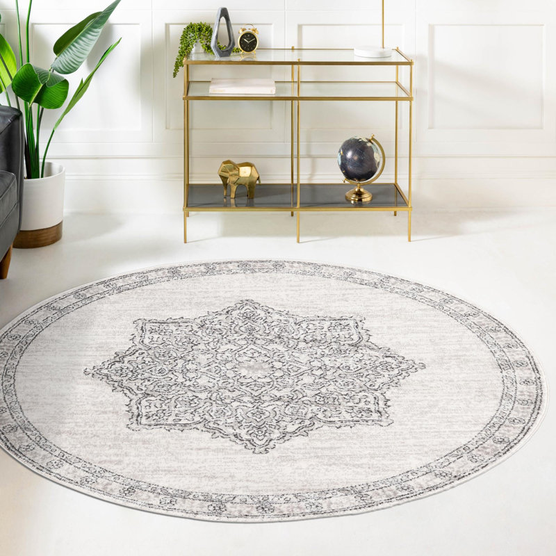 Tapis abstrait ivoire / noir Longe, Rond 12 pi