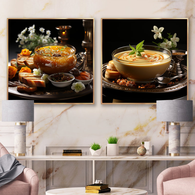 "Potage aromatique soupe" 2 pièces, Cadre flottant doré, H 16 po x l 33 po