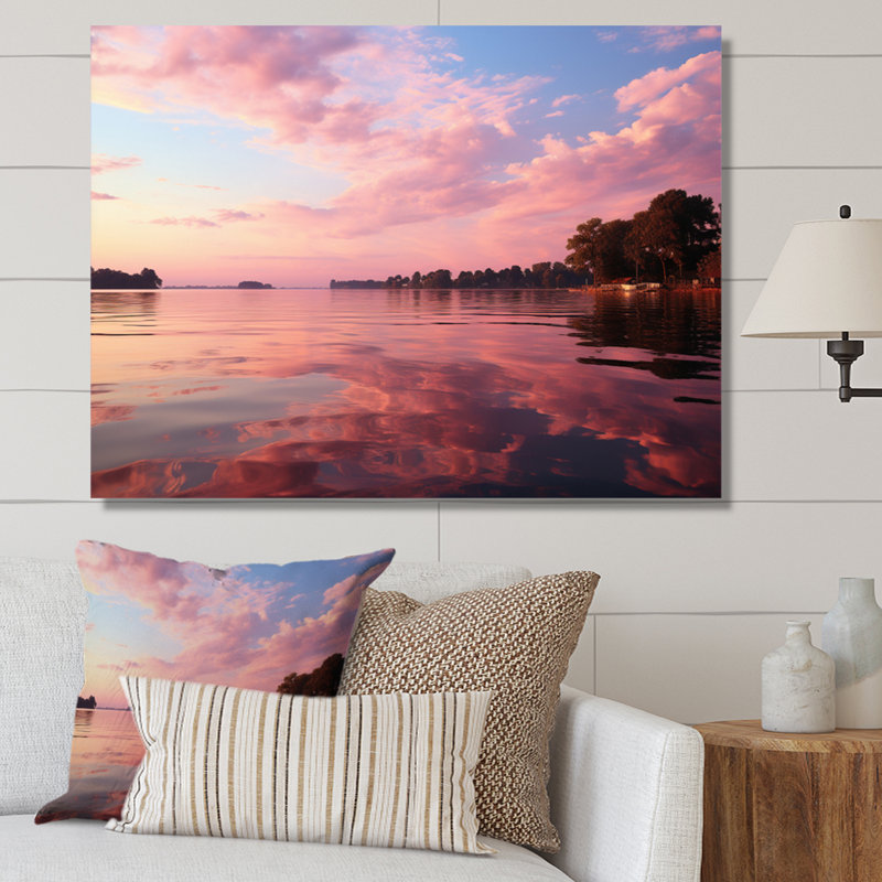 " Pink Sky Serenity at Dawn " Mixed Media Print, 16" H x 32" W, Wrapped Canvas