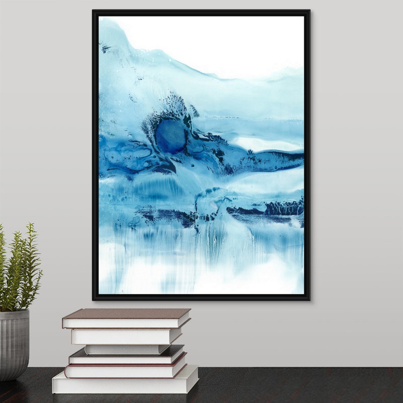« blue currents ii », peinture sur toile, Cadre flottant noir, H 41,7 po x l 31,7 po x P 1,75 po