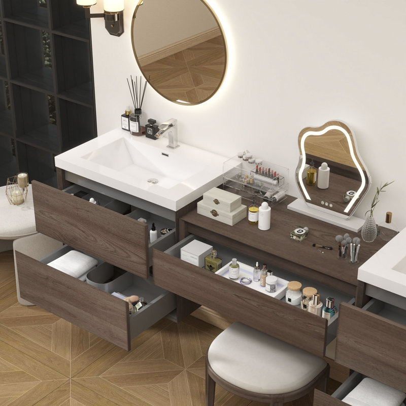 Meuble-lavabo mural 78 po avec évier en acrylique renforcé Aliki, Chêne rouge