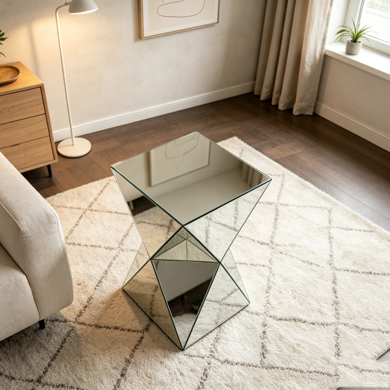 Table d'appoint géométrique argentée à miroir - Accent de luxe moderne