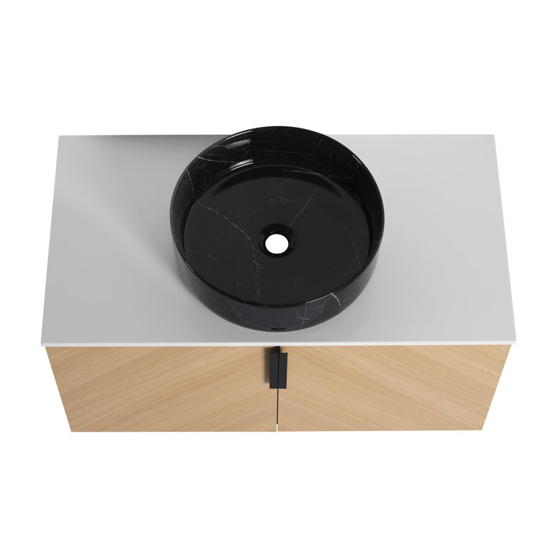 Meuble-lavabo 36 po avec lavabo d'art en céramique et dalle de pierre artificielle, porte à fermeture en douceur, 36