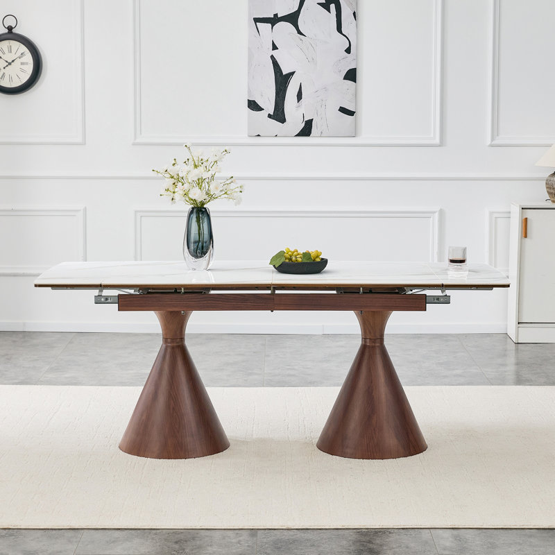 Table de salle à manger extensible à dessus en pierre avec motif en marbre blanc, 55,1 po à 78,7 po, Walnut,White