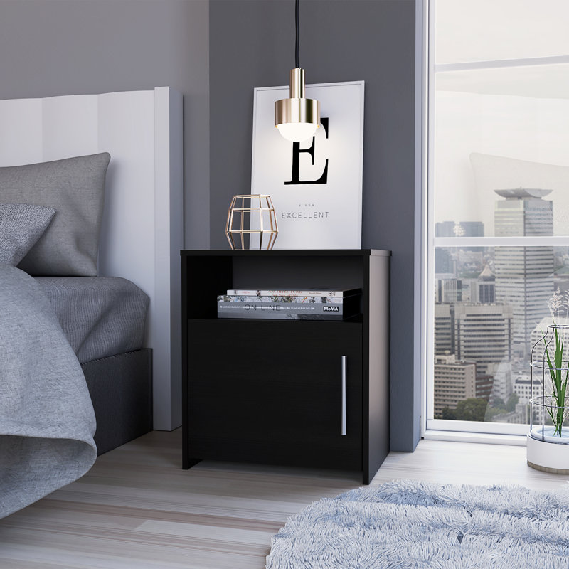 Omaha Nightstand, Single Door Cabinet, Metal Handle, One Shelf, Black