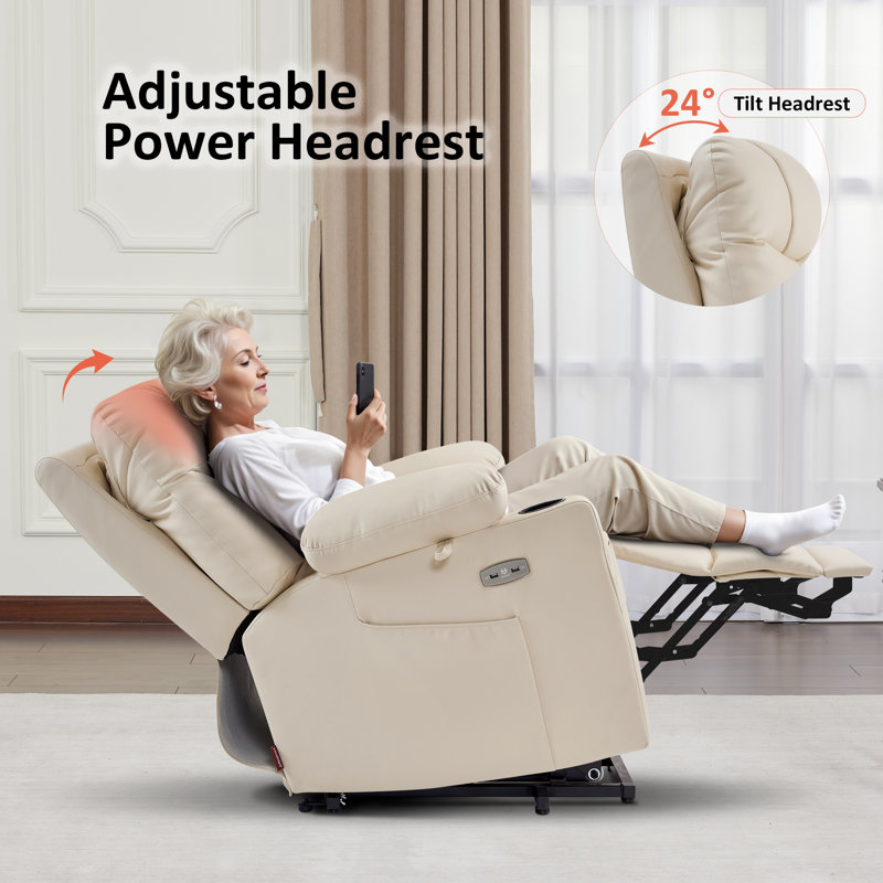 Lift Assist Recliner with Massager, Cream White Faux Leather