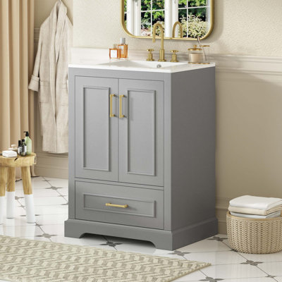 Meuble-lavabo 24 po avec lavabo, armoire en panneau de fibres à densité moyenne avec cadre en bois massif, 1 tiroir divisé et 2 portes à fermeture douce avec double tablette sur la porte, meuble-lavabo autoportant