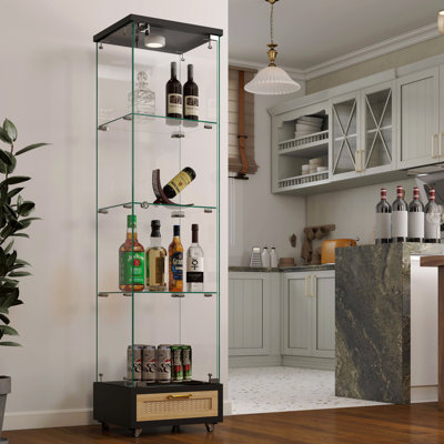 Vitrine, moderne antique, verre, avec étagère de rangement de tiroir, lumières DEL, bibliothèque trempée, 1 porte et 4 tablettes