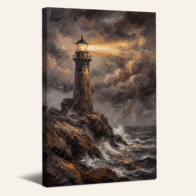 Phare sur la côte rocheuse avec faisceau lumineux - Toile murale d'Halloween