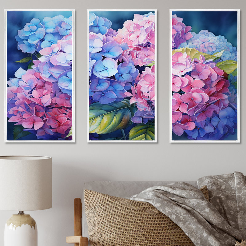 Ensemble d'hortensias muraux roses et mauves, coucher de soleil I, Cadre flottant blanc, H 32 po x l 48 po x P 1 po