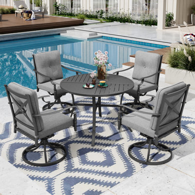 4-Person Steel Patio Dining Set With Textilene Sling Swivel Chairs And Cushions