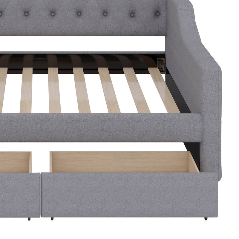 Daybed With two storage drawers And LED, Upholstered Linen Day Bed Frame With Tufted Button Backrest, Gray, Twin XL