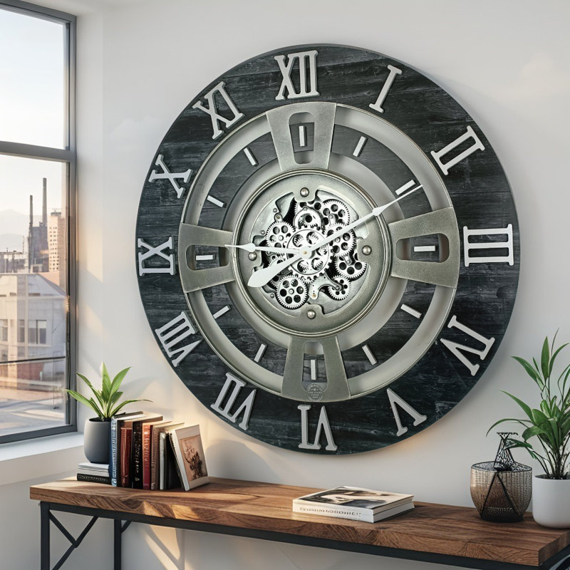 Wall Clock 24" Medium Sized for Living Room decor with Real Moving Gears England Collection, Vintage Black
