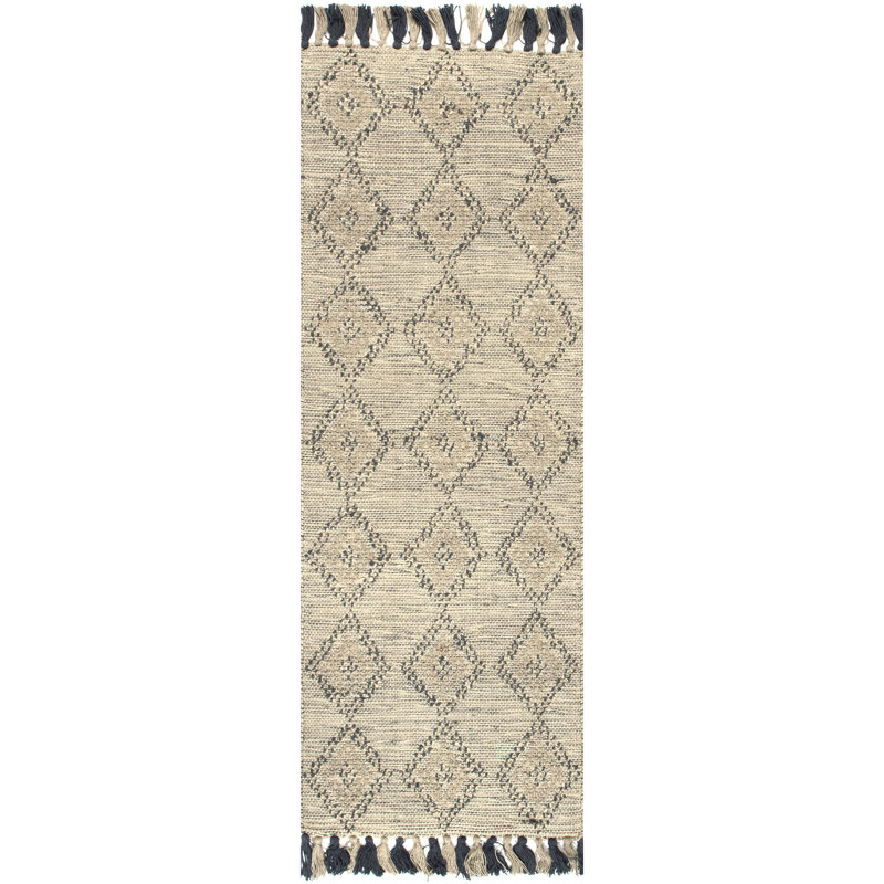 Tapis géométrique crocheté à la main noir / beige en coton / jute Kleiman, Tapis de couloir 2 pi x 6 pi