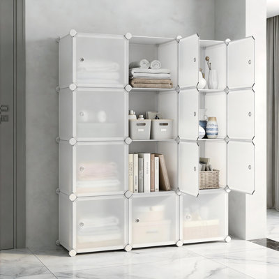 Armoire de rangement en plastique et en métal avec 12 cubes - Armoire de rangement en plastique durable, 12 compartiments, conception peu encombrante, utilisation polyvalente, assemblage facile, blanc