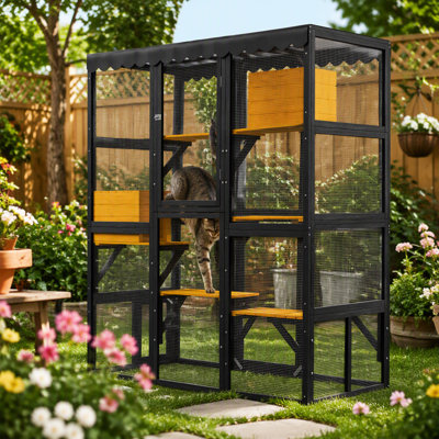 Enclos extérieur pour chats Catio, idéal pour plusieurs chats d'intérieur et d'extérieur. Grande maison en bois avec fenêtre, 2 niches, 5 plateformes, 4 portes et toit résistant aux intempéries.