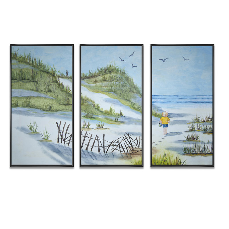 «Child Walking the Beach - Nautical & Coastal», ensemble de 3 toiles encadrées, H 20 po x l 36 po x P 1 po, Noir