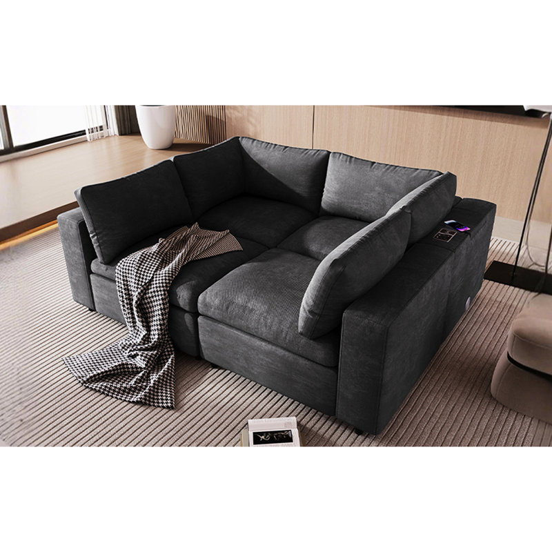 Modulaire moderne avec rangement, haut-parleur et ports de charge pour le salon et le salon, Polyester gris