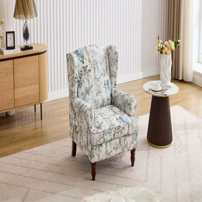 Chaise d'appoint moderne avec pieds en bois rétro, fauteuil rembourré confortable, canapé simple à motif floral pour le bureau de la chambre à coucher - Oiseau bleu floral