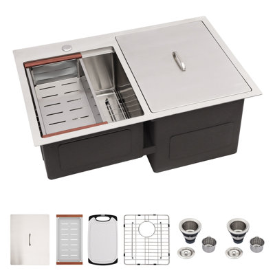 30"L Outdoor Workstation Drop-In 16 Gauge Double Bowl Stainless Steel Kitchen Sink with Accessories