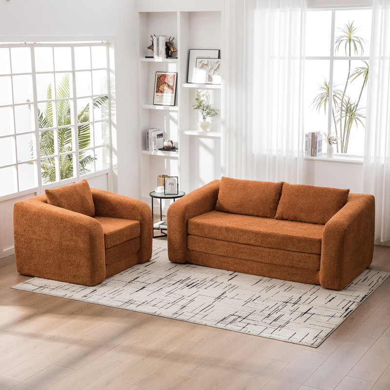 Lit convertible orange à 3 places avec mousse à haute densité, chenille goutte d'eau et coussins assortis pour le salon