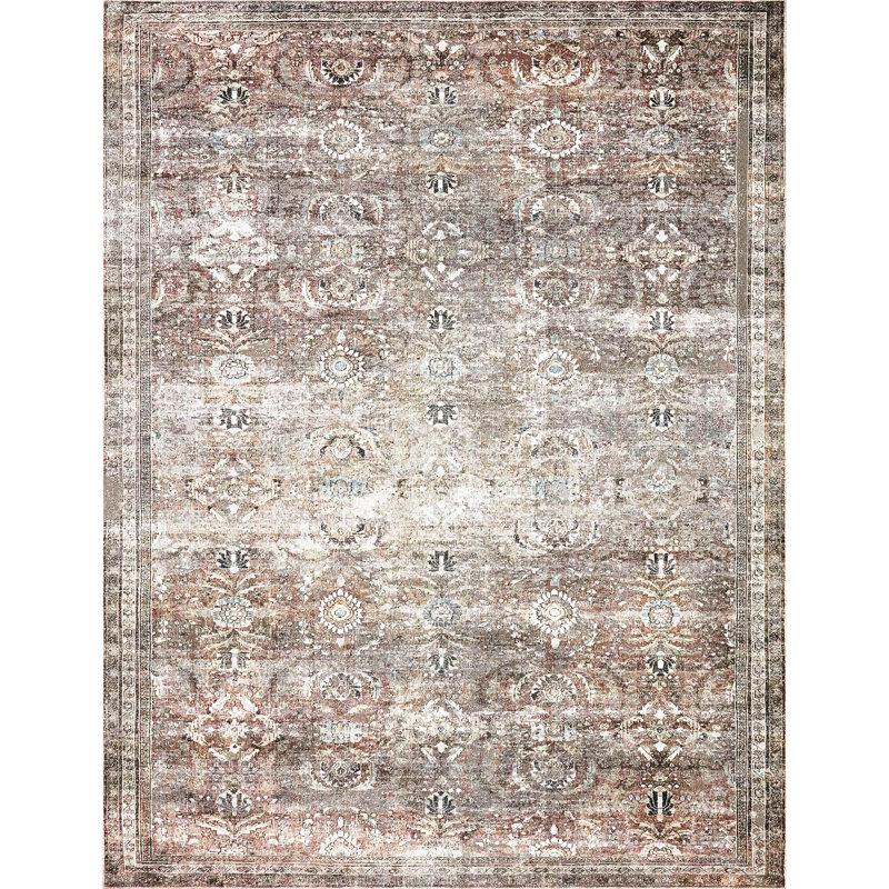 Tapis oriental brun / rouille lavable à la machine Aarusan, Rectangle 6 pi 7 po x 9 pi