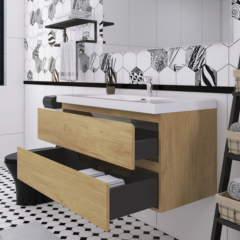 Meuble-lavabo mural simple avec plateau en résine, 42", Chêne naturel