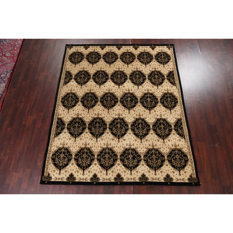Tapis népalais oriental végétal noué à la main noir / beige 7 pi 10 po x 9 pi 9 po
